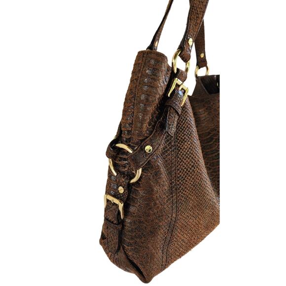 Michael Kors Brown Snake Embossed Leather Hobo Bag Slouchy Boho Designer Purse - Picture 8 of 13